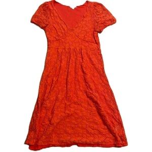 Leifnotes Medium Orange Floral Lace Short Sleeve Dress Knee Length Women's EUC